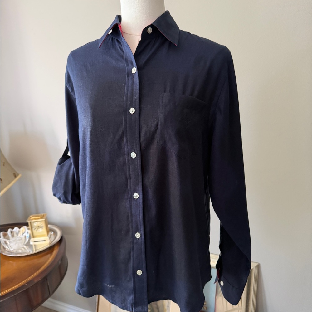 Lauren Ralph Lauren Navy Linen Shirt M Roll Tab Sleeve Red Polka Dot Cuffs